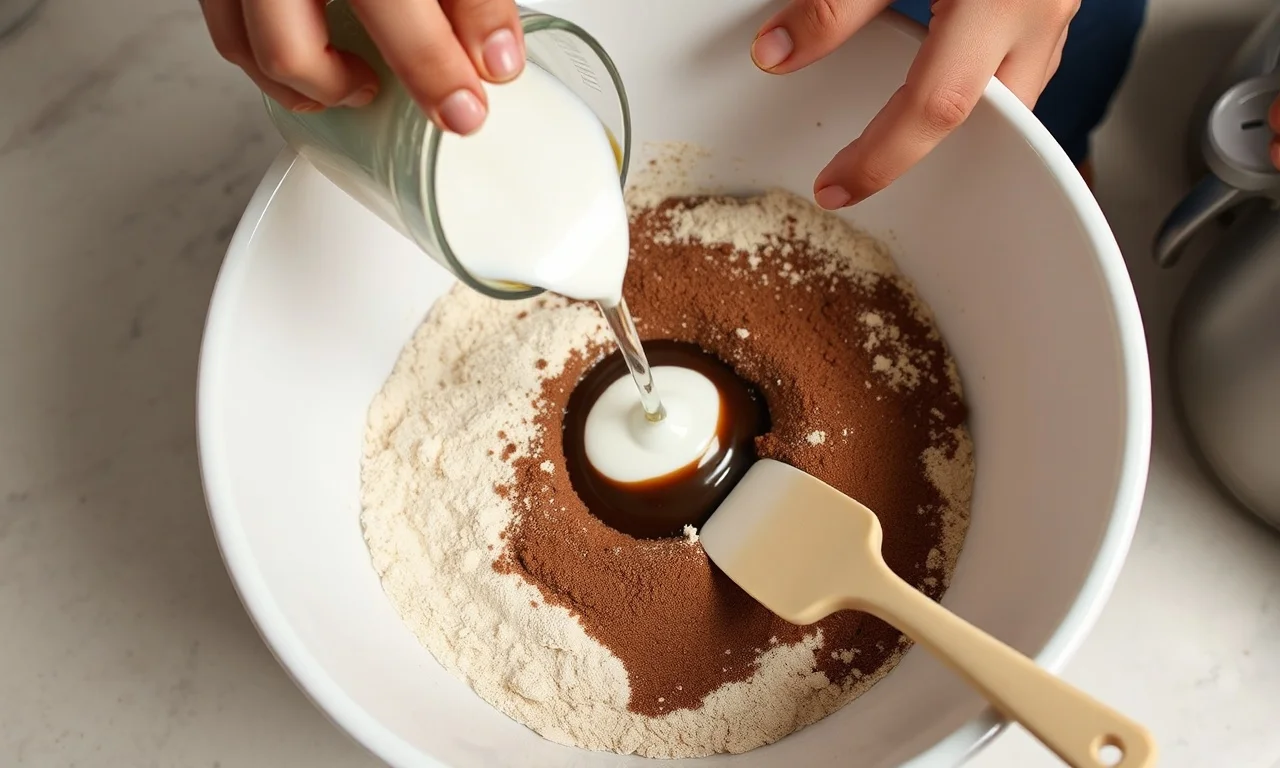 Momento de misturar os ingredientes líquidos aos secos na tigela