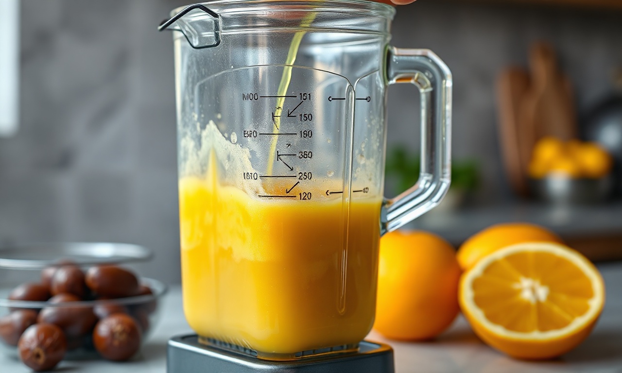 O momento de misturar os ingredientes líquidos no liquidificador, com tâmaras, ovos e suco de laranja.