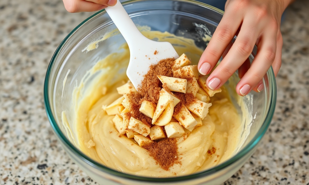 Bolo De Maçã Com Canela Fofinho E Úmido Em 50 Minutos 5 Incorporando maçãs lascadas temperadas com canela à massa do bolo