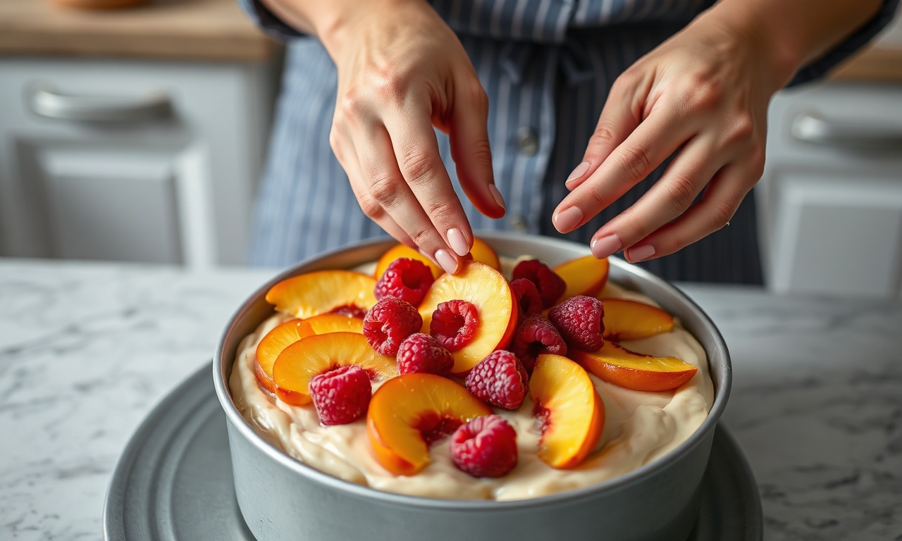 Bolo De Pêssego Fit Fofinho Com Framboesa E Iogurte 5 O momento de distribuir as frutas frescas sobre a massa na forma.