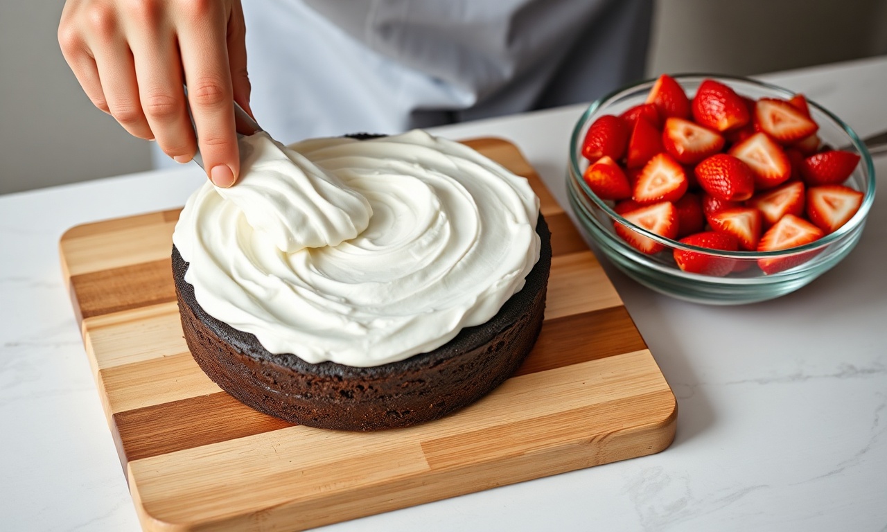Recheando o bolo com chantilly e morangos fatiados