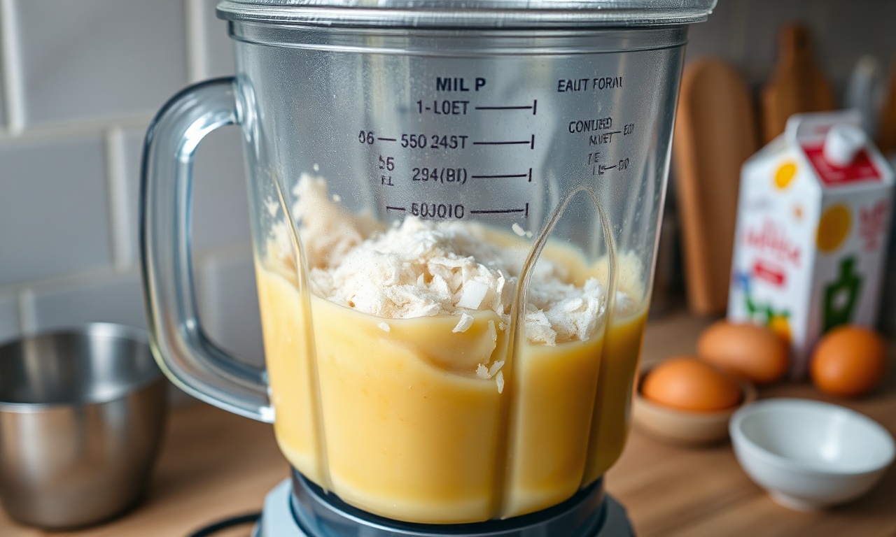 Ação de bater a massa homogênea no liquidificador com os ingredientes líquidos e o coco ralado.