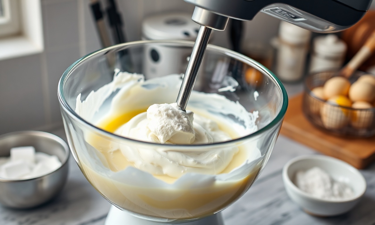 O momento crucial de bater os ovos com o açúcar até ficar um creme claro e volumoso.