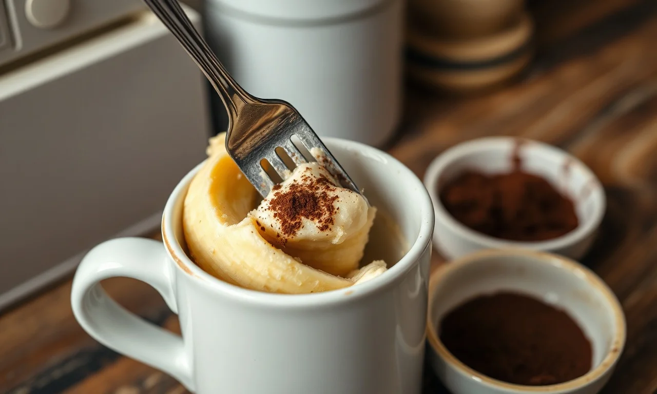 O momento de amassar a banana e misturar os ingredientes na caneca.