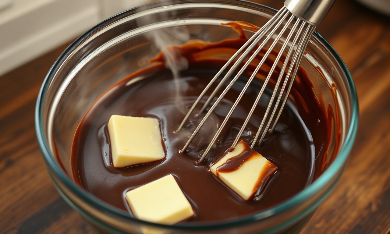 O momento de derreter o chocolate com manteiga, criando uma mistura brilhante e homogênea.