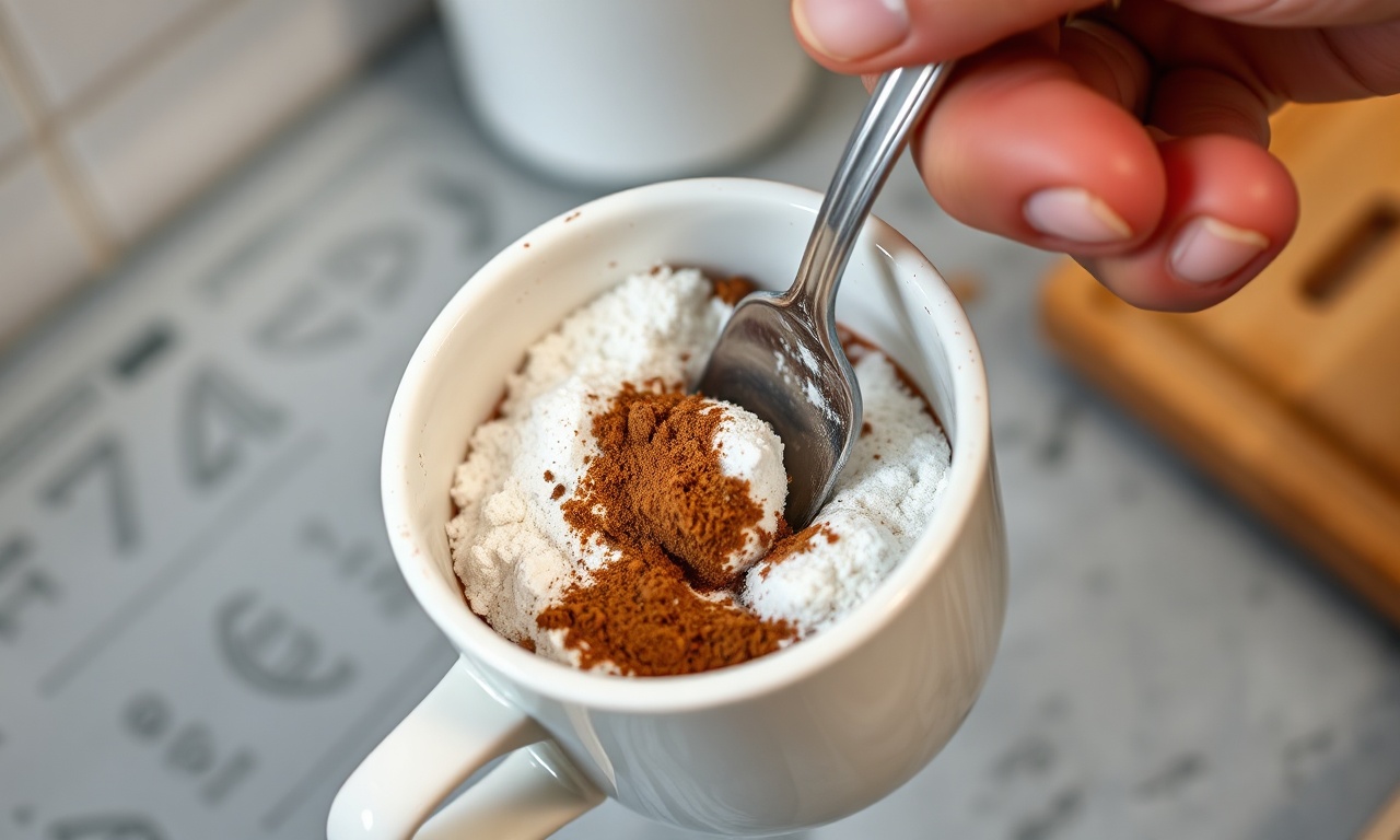 Brownie De Caneca Fofinho Em 3 Minutos: Apenas 6 Ingredientes 5 Misturando os ingredientes secos dentro da caneca.