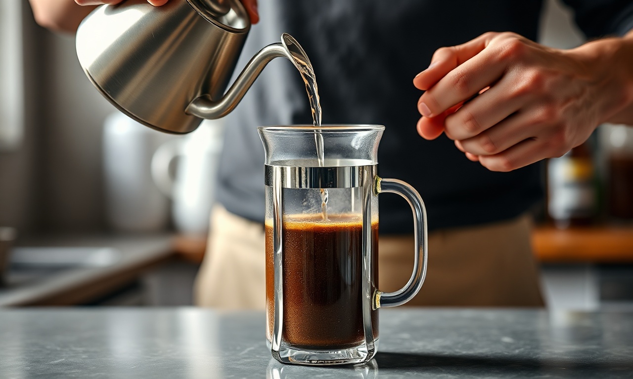 Momento de despejar água quente sobre o café moído na prensa francesa.
