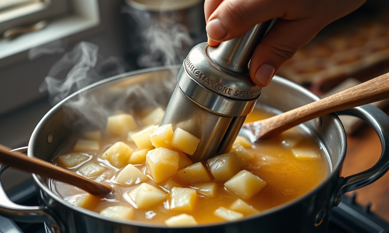 Caldinho De Bacalhau Cremoso Com Batata Amassada No Caldo 5 O momento de amassar as batatas cozidas diretamente na panela para criar a cremosidade.