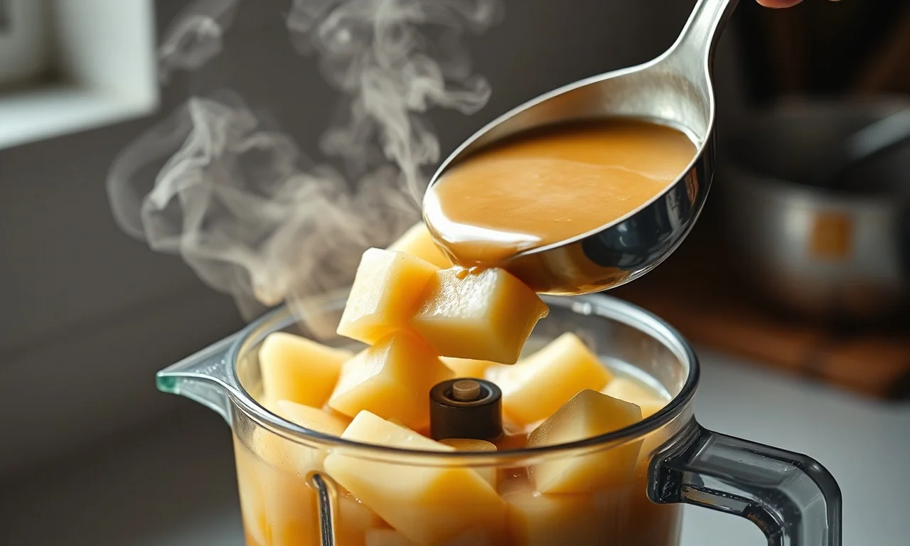 O momento de triturar a mandioca cozida no liquidificador para criar o creme.