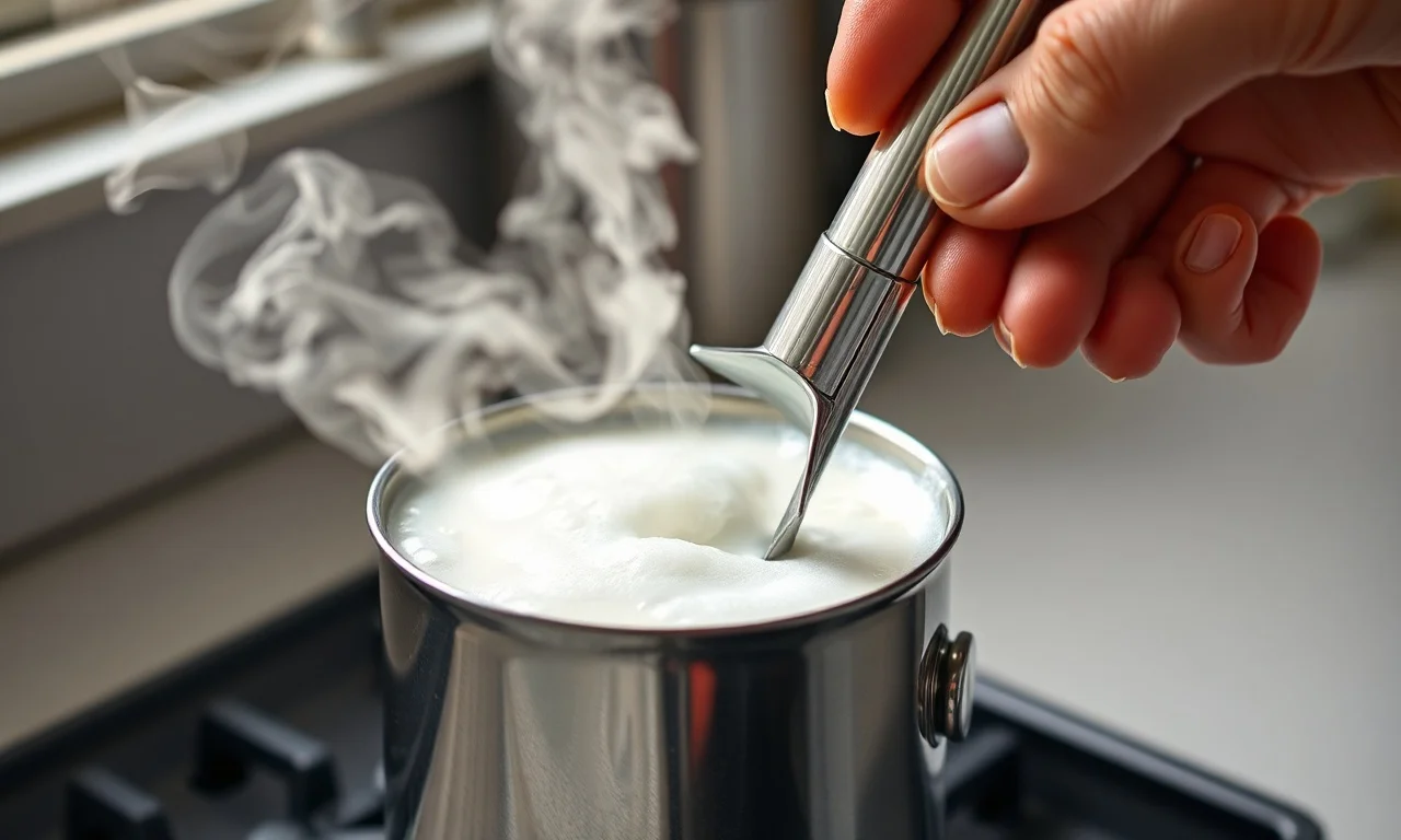 Cappuccino Sem Açúcar Cremoso Em 5 Minutos (Só 3 Ingredientes) 5 Espumando o leite quente com um mixer de mão na panela.