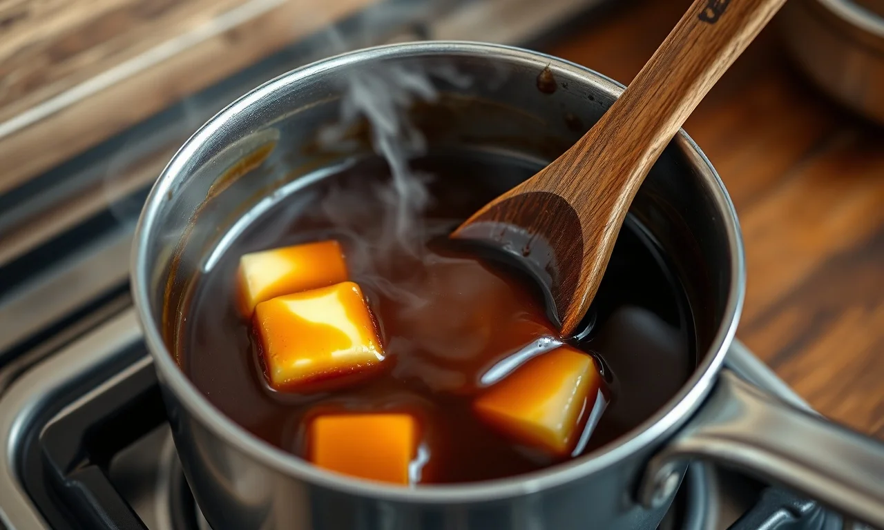 O passo mais importante: derreter manteiga com melado para criar o caramelo perfumado.