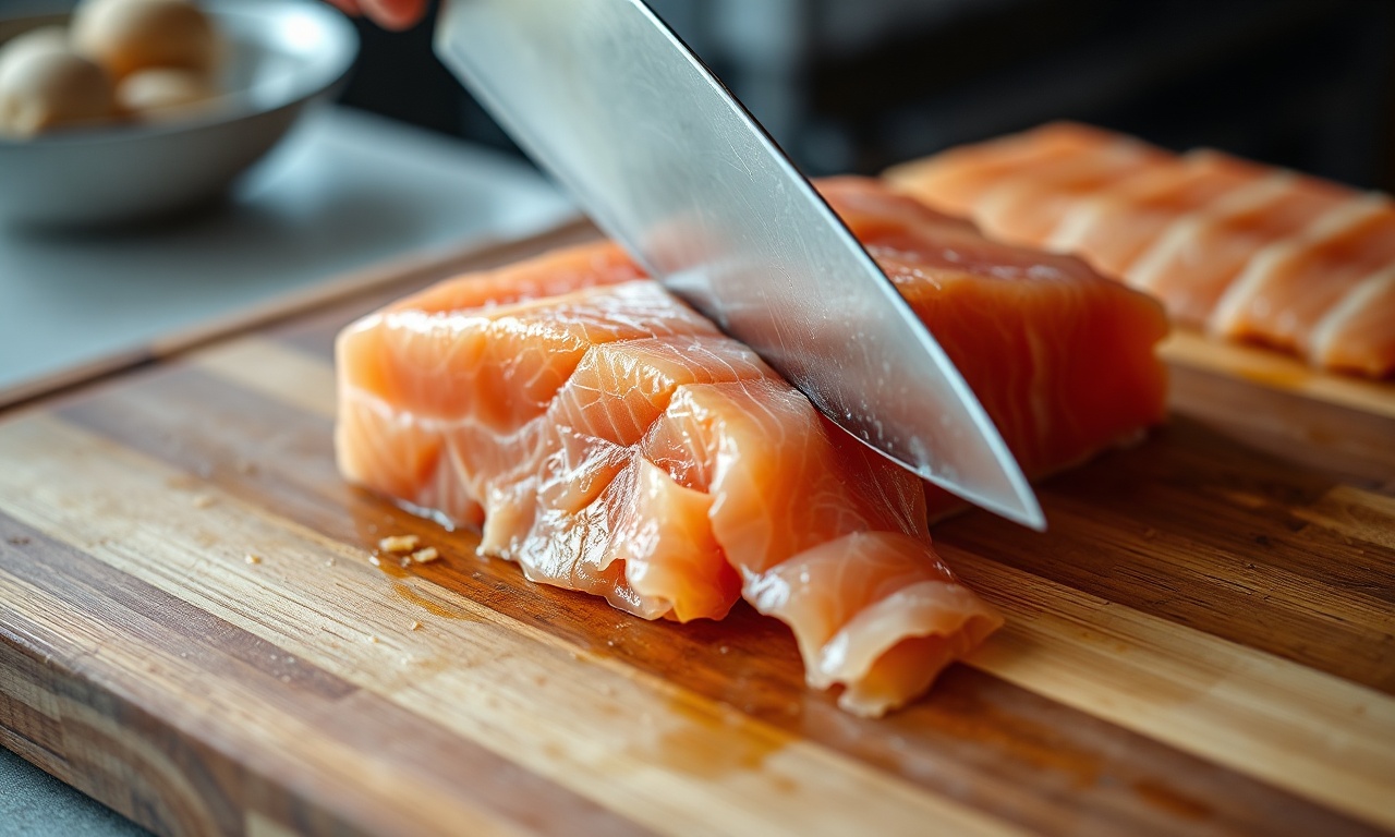 Fatias finíssimas de salmão sendo cortadas com faca afiada.