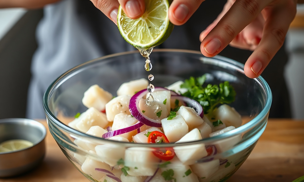 O momento exato de adicionar o suco de limão fresco sobre o peixe e os temperos.