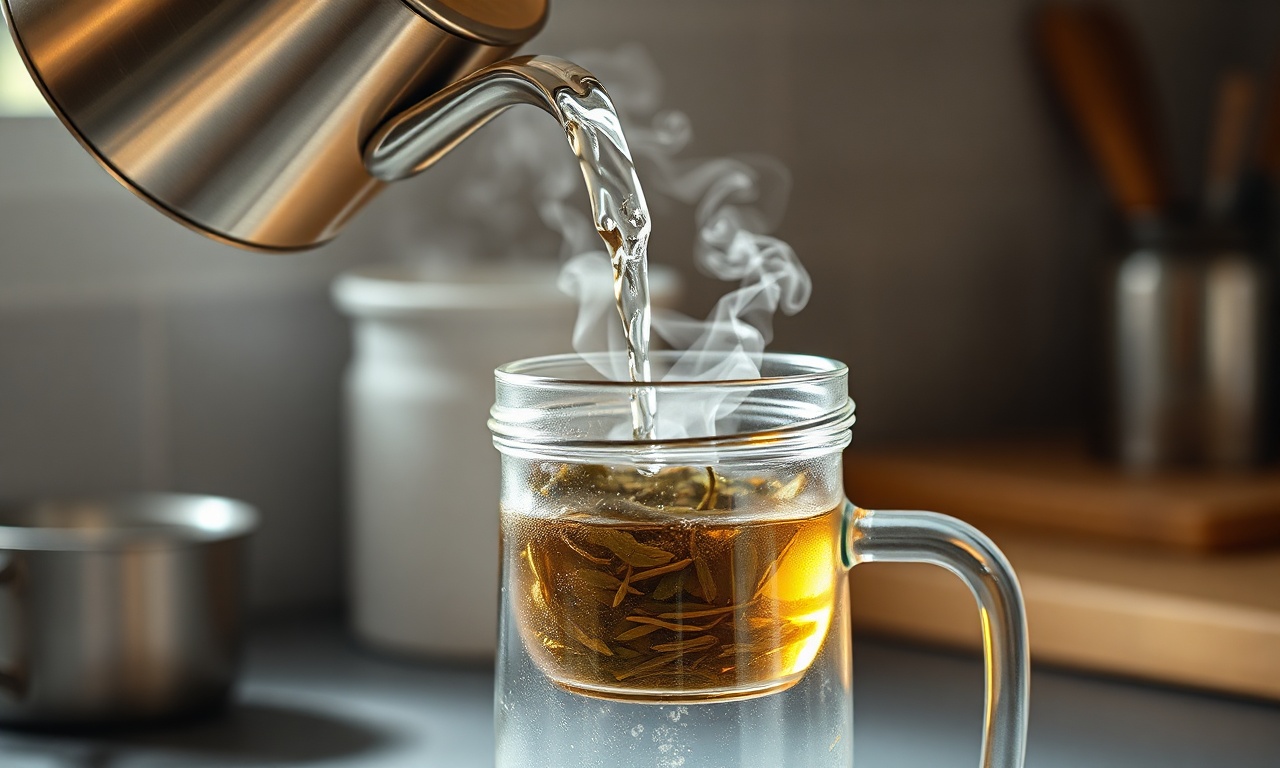 O momento da infusão: água quente sendo despejada sobre a erva-mate no coador.