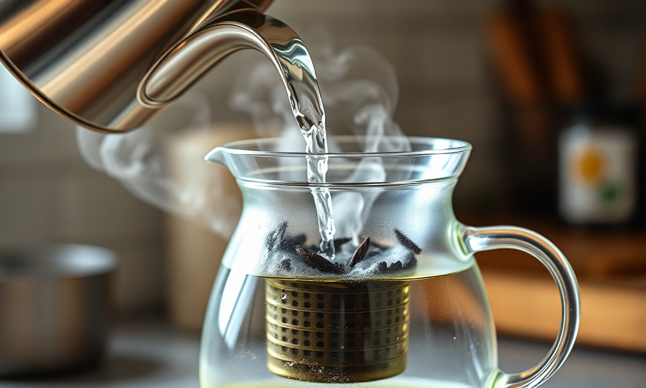 Chá Preto Com Limão Sem Amargor: Rápido E Aromático 5 Despejando água quente sobre as folhas de chá no infusor.