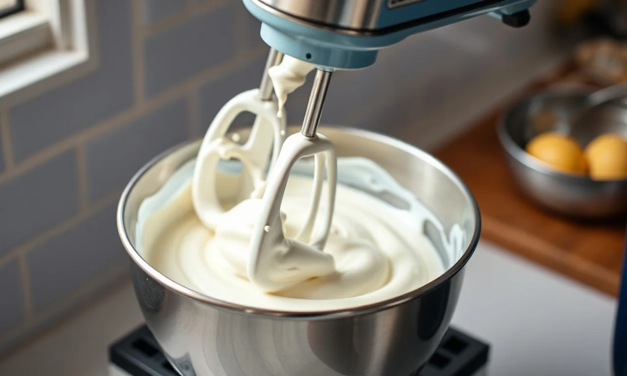 O momento em que o creme é batido na tigela gelada até formar picos moles.
