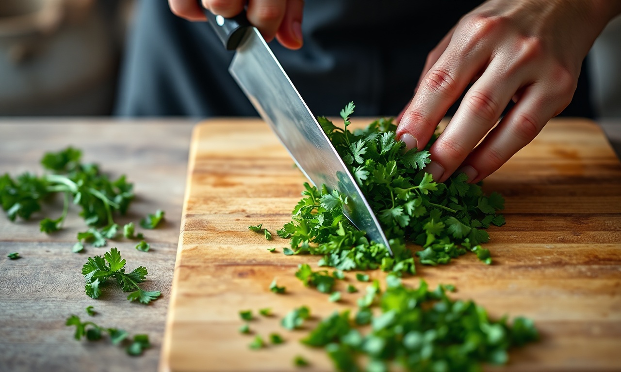Picando a salsinha finamente com faca afiada, o passo que preserva os óleos essenciais.