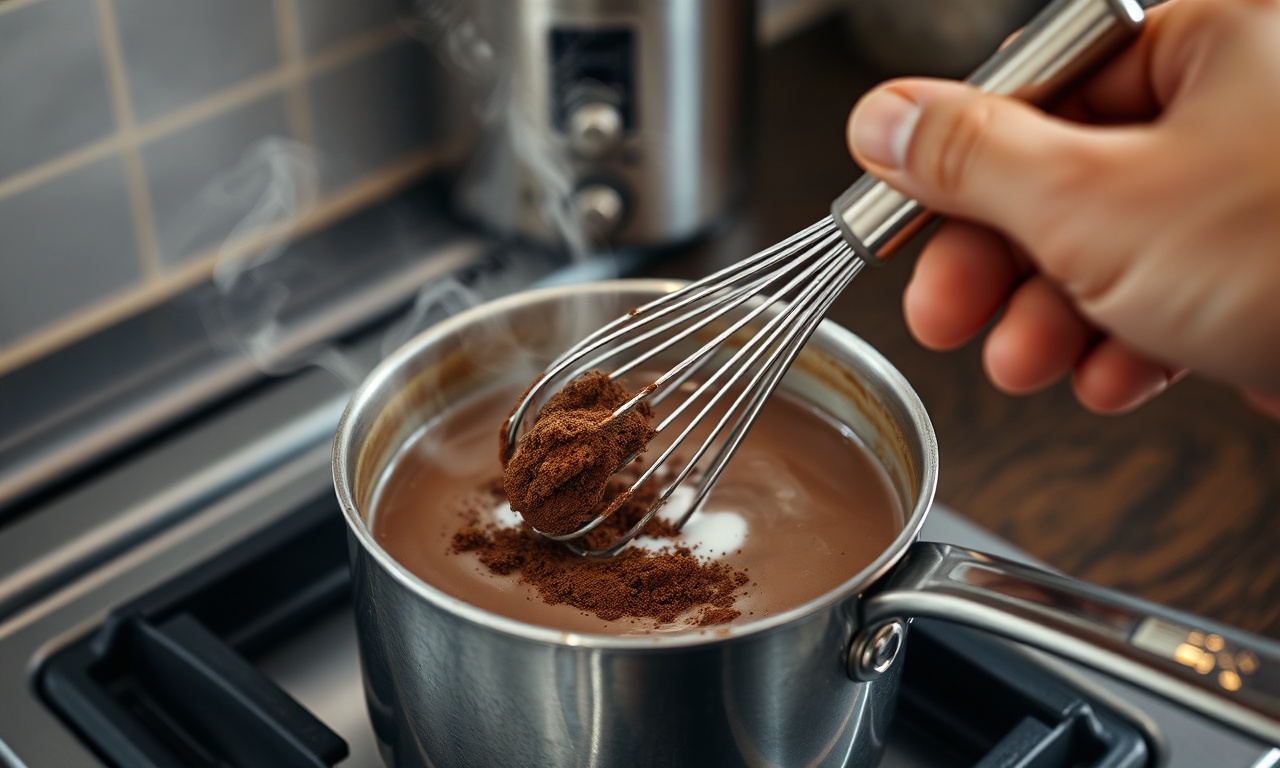 A mistura do cacau em pó com o leite vegetal sendo mexida na panela.