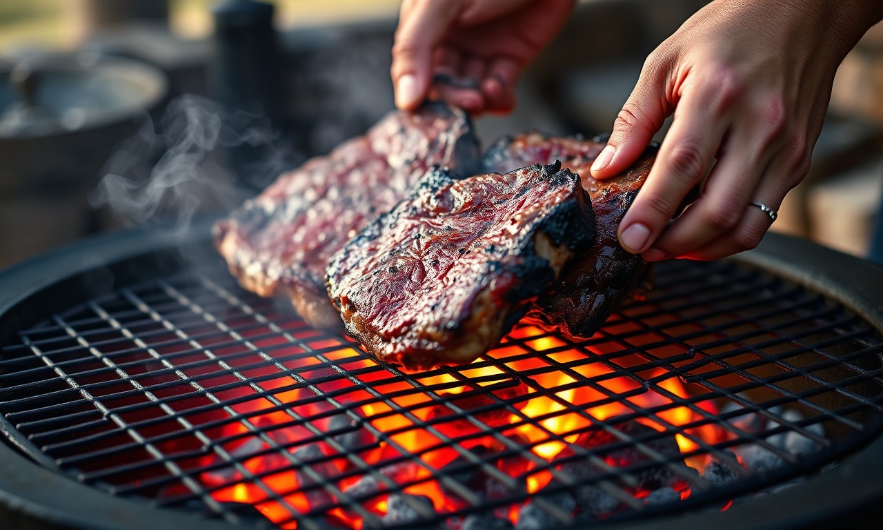 Mãos posicionando cortes de carne sobre a grelha com brasas incandescentes