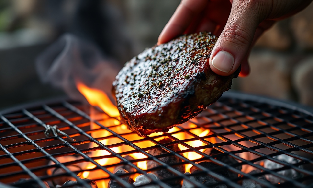 O momento de posicionar a carne na grelha sobre a brasa branca e uniforme.