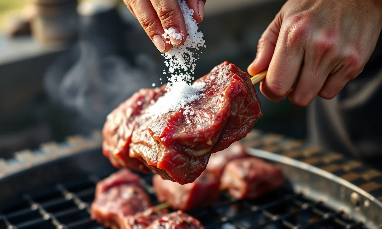 O momento de espetar a carne com o duplo espeto e salgar.