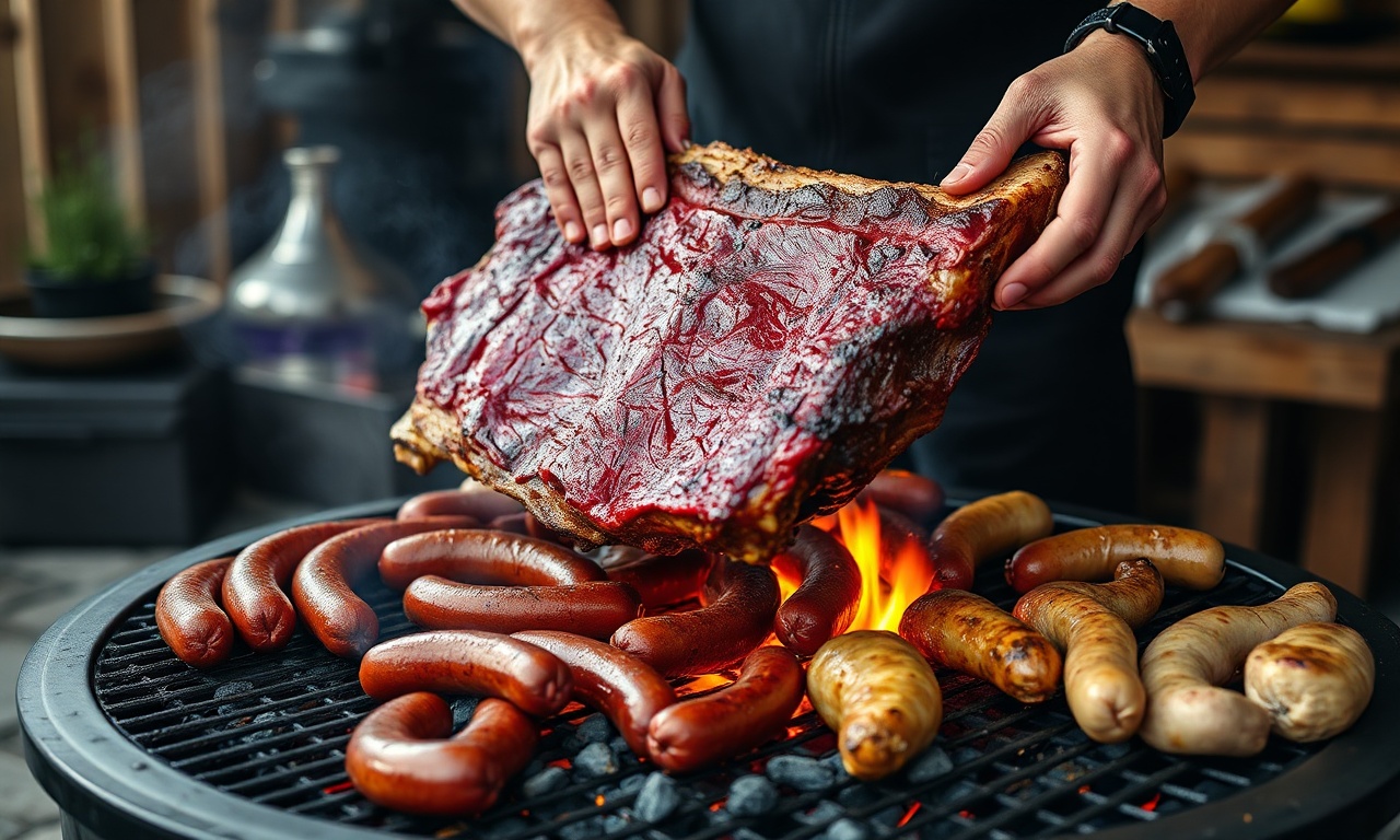 O churrasqueiro organizando as carnes na grelha por tempo de cozimento.