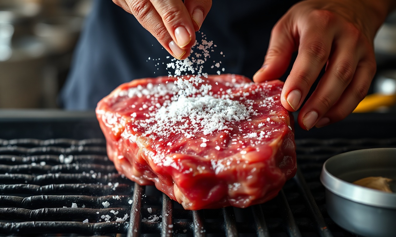 O churrasqueiro salgando uma picanha antes de colocar na grelha.