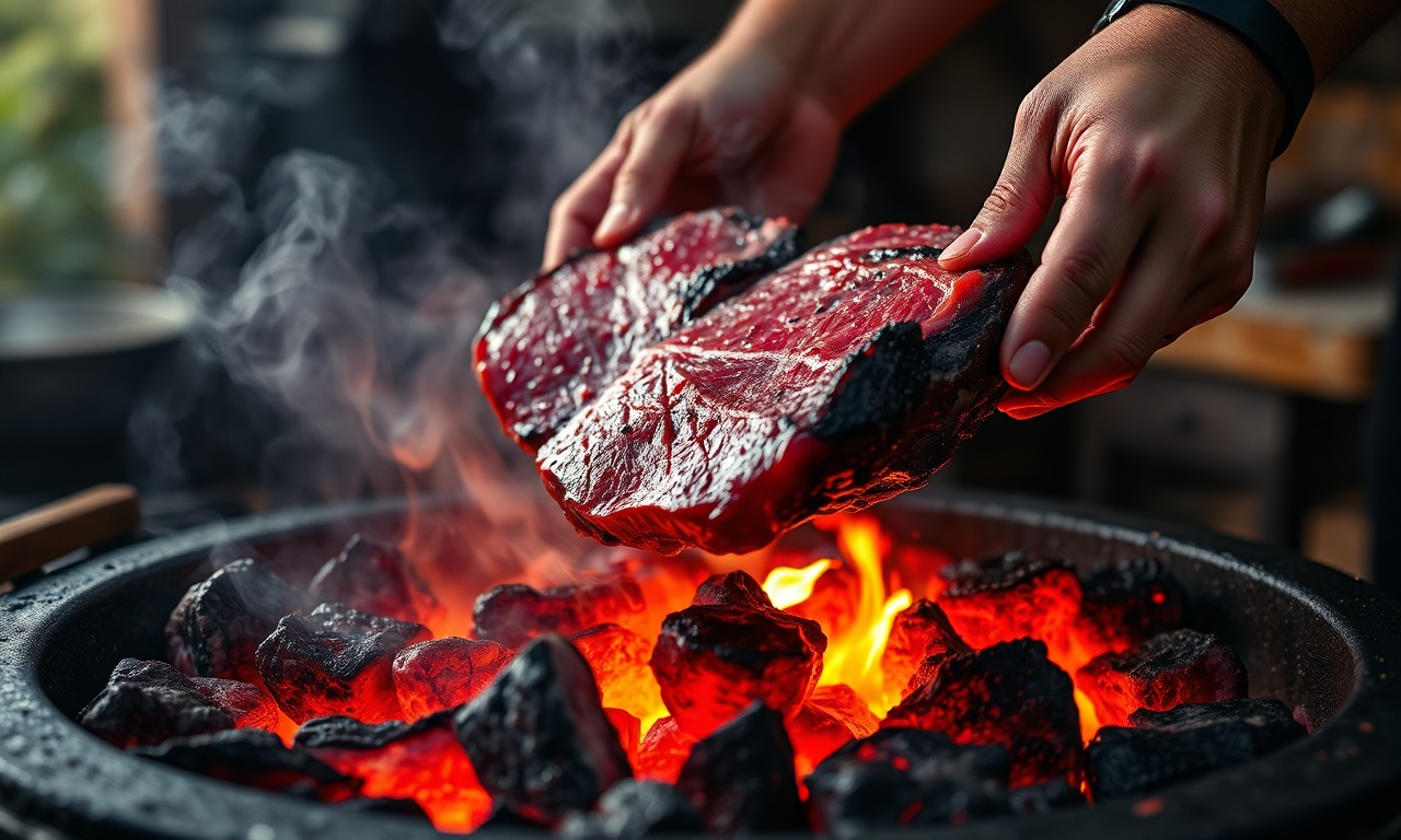 O momento de colocar as carnes nobres na grelha central sobre a brasa viva.