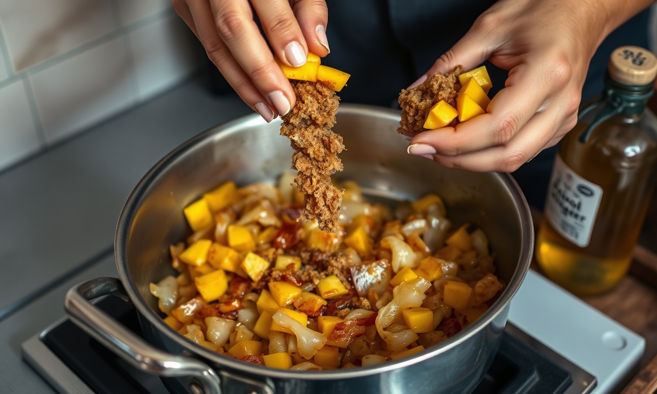 Chutney De Manga Agridoce Fácil: Sabor Profundo Em 40 Min 5 O momento de caramelizar a cebola e adicionar os ingredientes na panela.