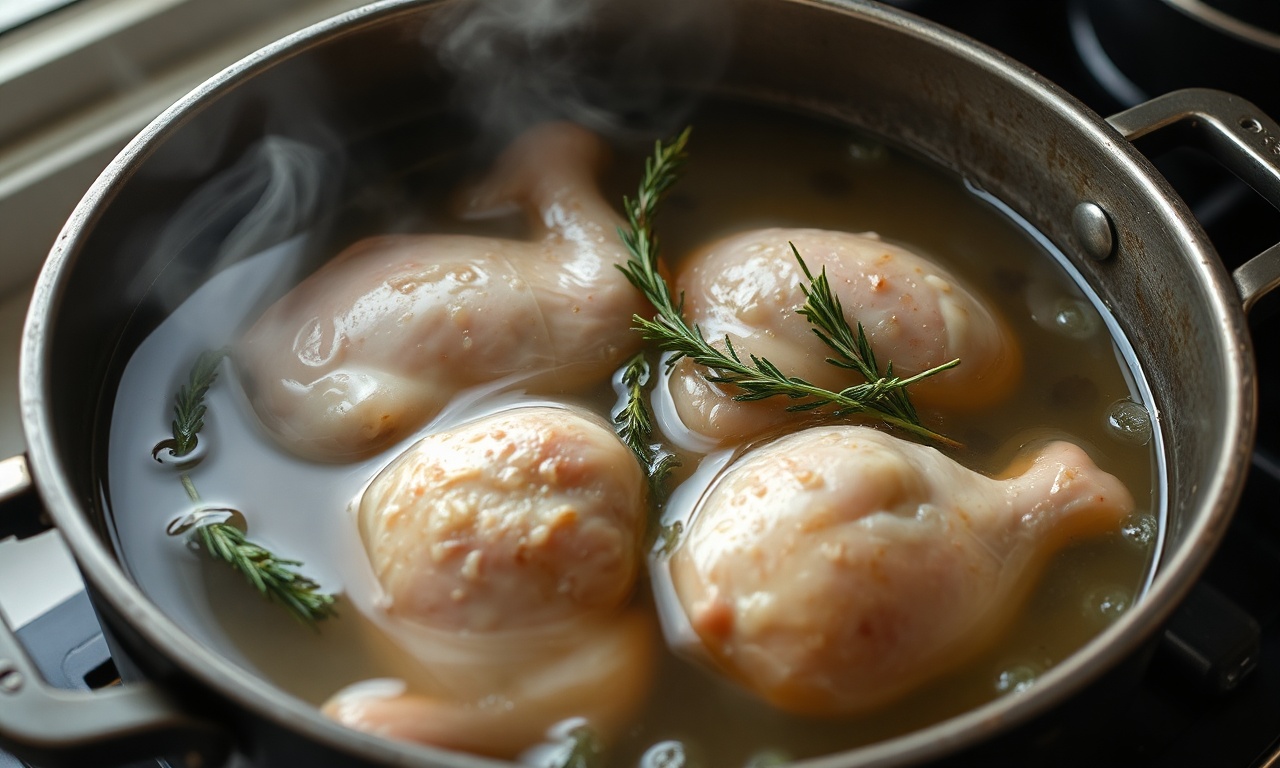 Frango submerso em gordura liquefeita em uma panela de fundo grosso.