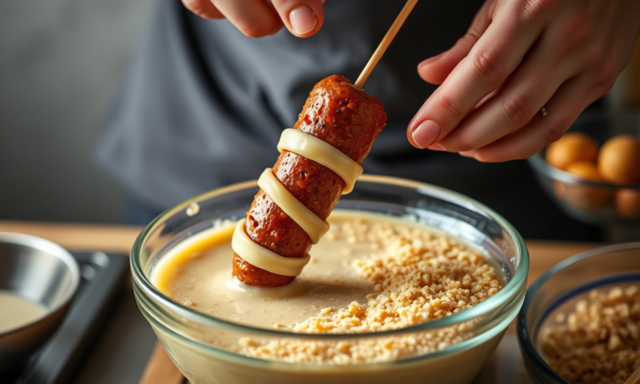 O momento de empanar o corn dog na massa e no panko.