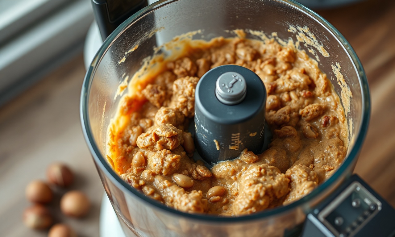 O momento de processar as avelãs torradas até formar uma pasta oleosa.