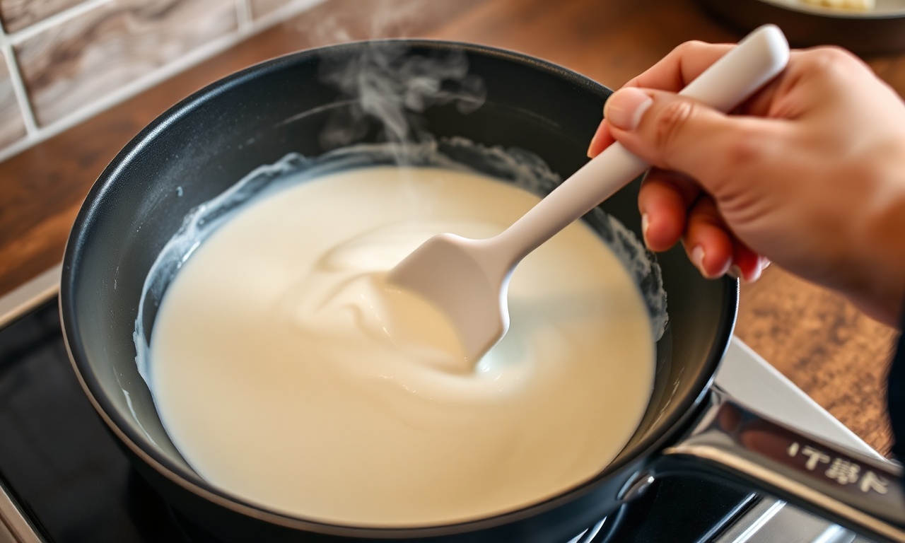O momento em que o creme é aquecido na panela, engrossando lentamente.