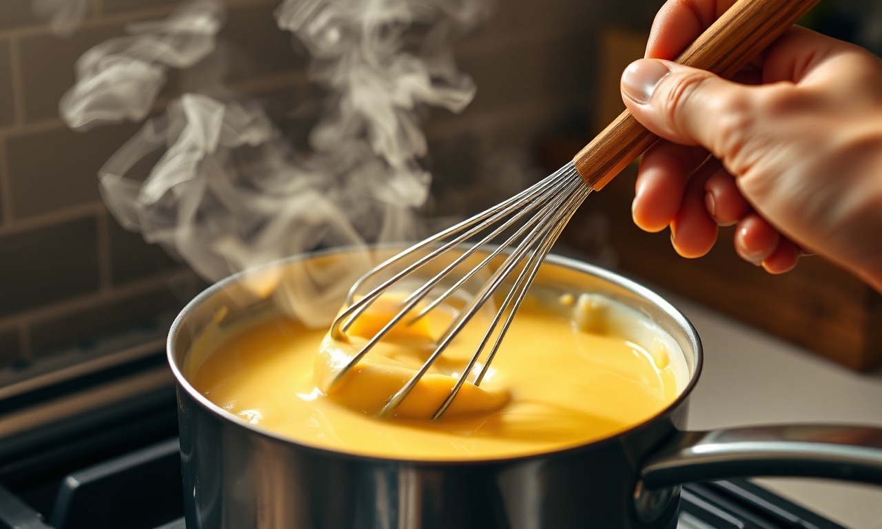 O momento de cozinhar o creme na panela, mexendo com fouet.