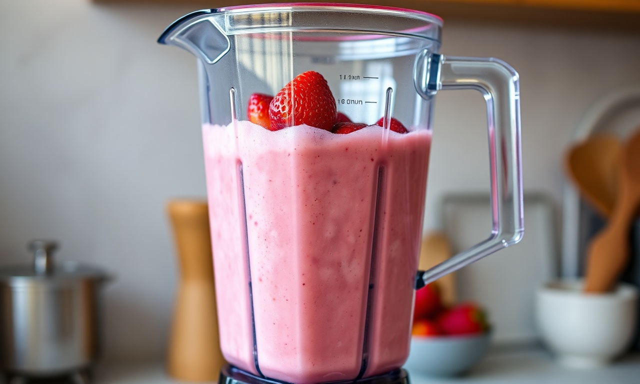 Mistura rosada sendo batida no liquidificador, com pedaços de morango visíveis se transformando em creme homogêneo.