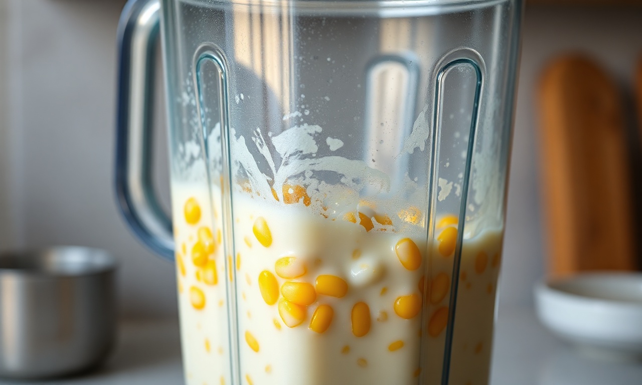 O momento de bater o milho com o creme de leite no liquidificador para criar o molho.