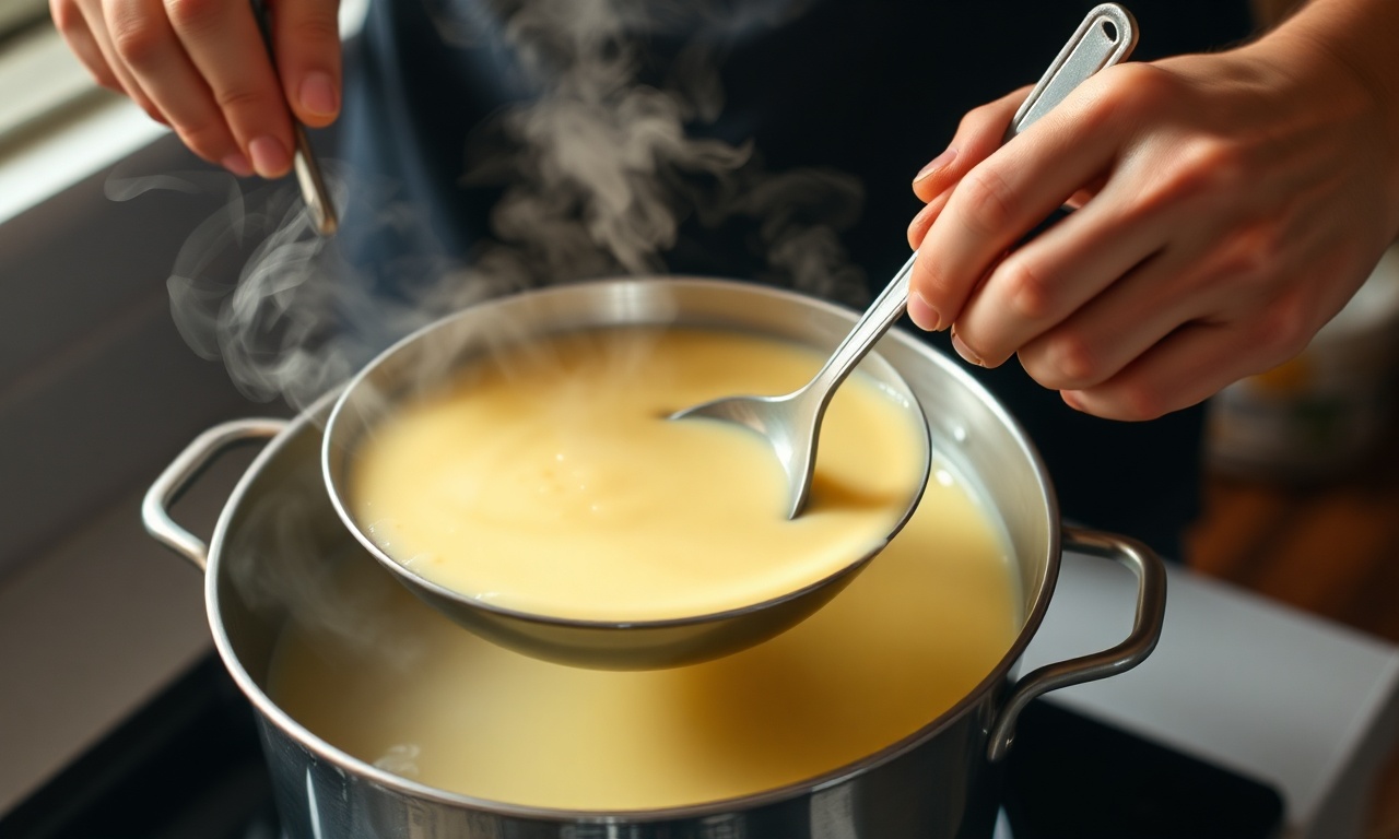 Mãos mexendo o creme espesso dentro de uma tigela sobre uma panela com água fervente.
