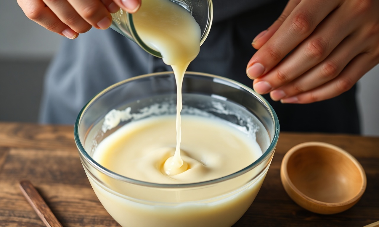 O momento de misturar o leite condensado com o suco de limão, mostrando a reação que engrossa o creme.