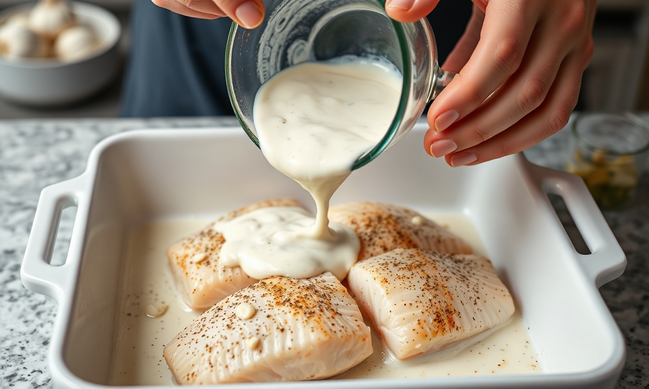 Despejando o creme de leite temperado sobre os filés de tilápia no refratário.