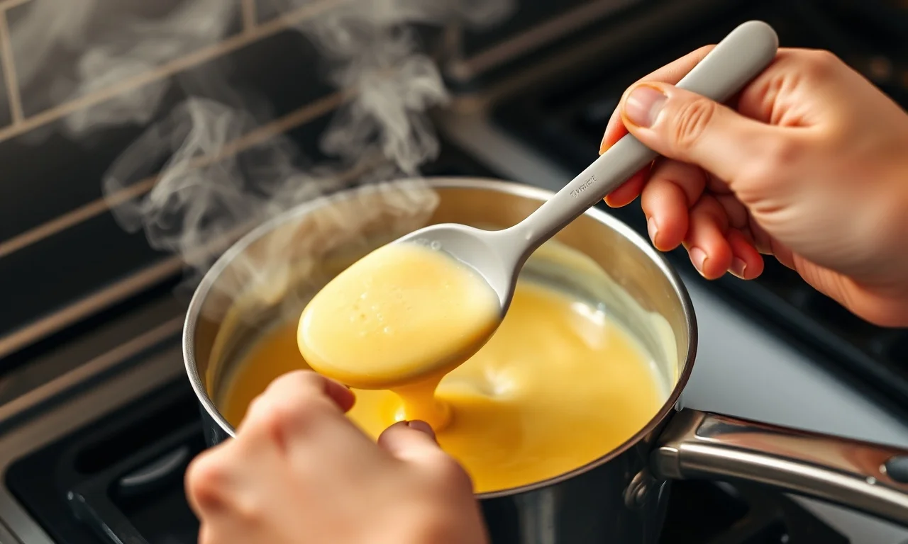 Mãos mexendo o creme (custard) engrossando na panela com colher de silicone.