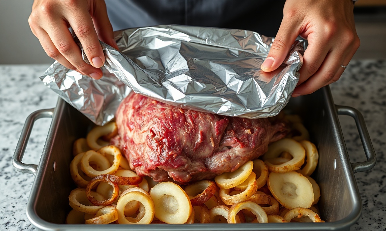 O momento de selar hermeticamente o papel-alumínio sobre a carne e as batatas na assadeira.