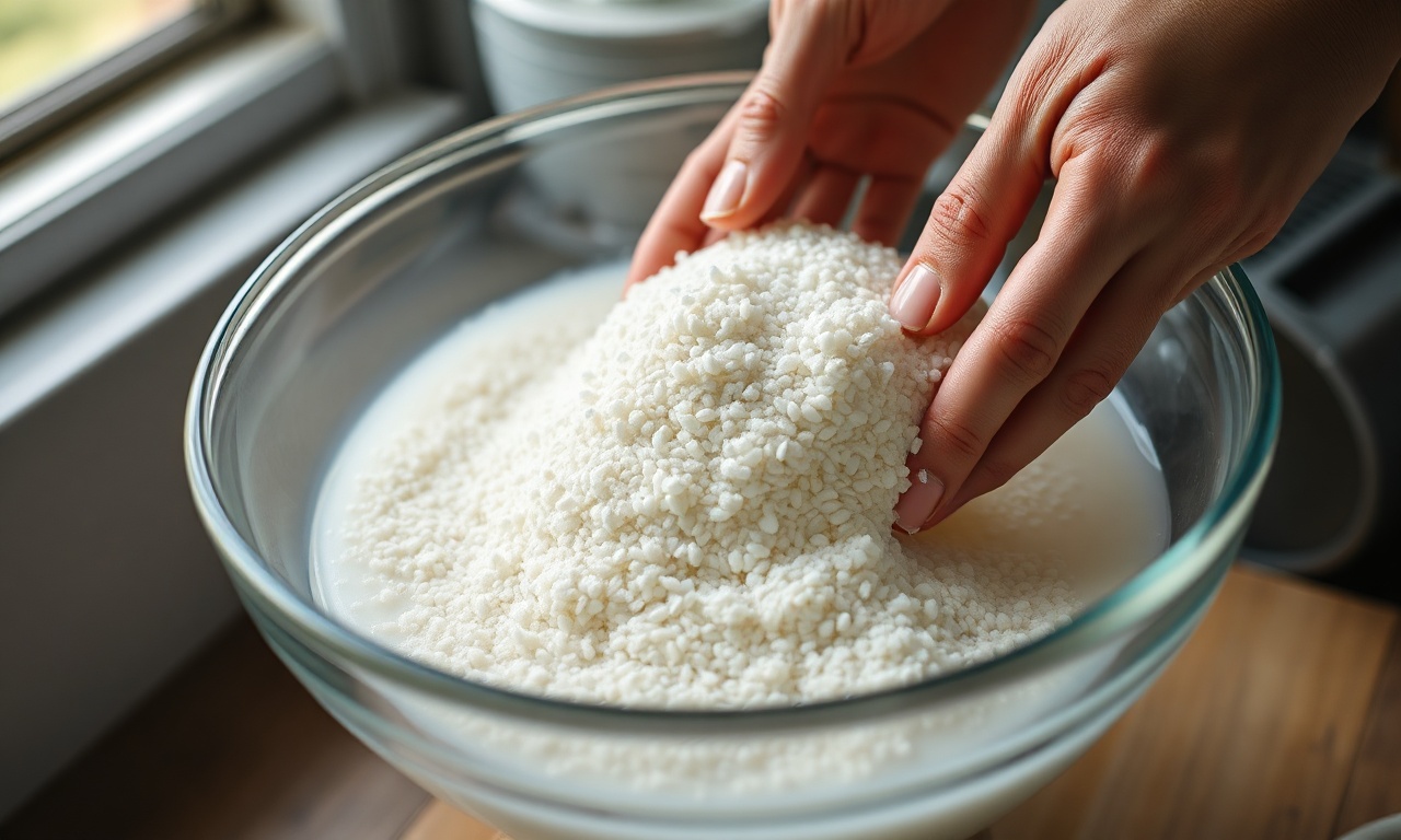 O momento crucial de hidratar a tapioca com água fria, usando as mãos para misturar.