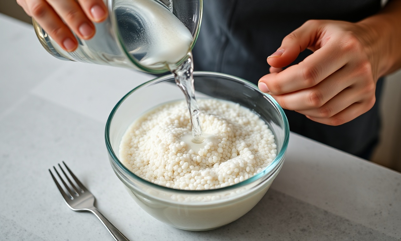 O momento de hidratar a tapioca, despejando a água sobre os grãos.