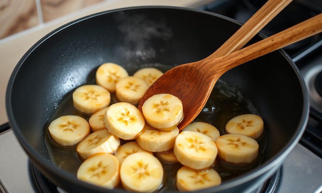 Banana cozinhando na frigideira com o caldo de canela.