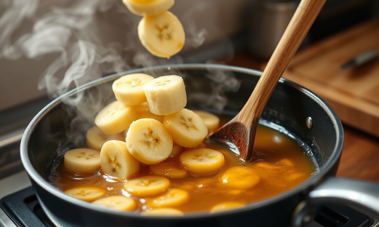 O momento crucial da caramelização: rodelas de banana sendo adicionadas a uma calda de açúcar e manteiga dourada e borbulhante em uma panela antiaderente.