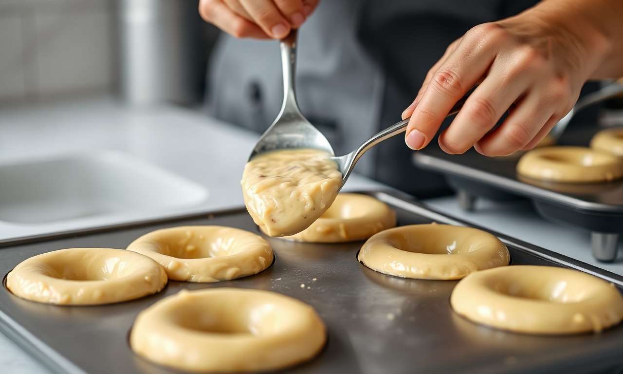 Distribuindo a massa nas forminhas de donut.