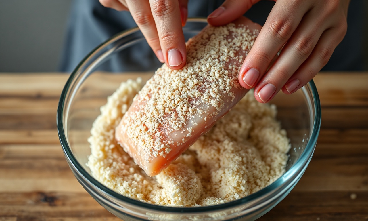 Filé De Peixe À Milanesa Crocante Com Panko Em 30 Minutos 5 O passo crucial de empanar o filé de peixe.