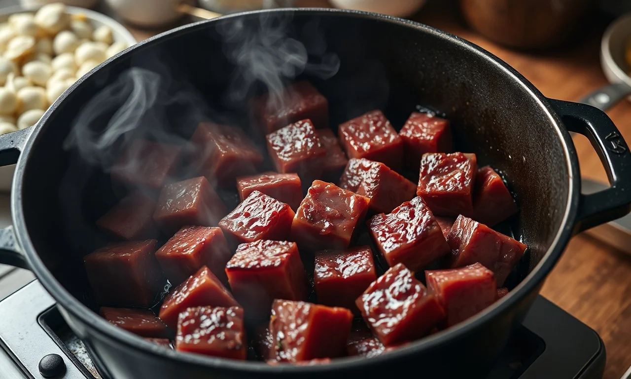 O momento crucial de selar os cubos de carne em uma panela quente para criar a base de sabor.