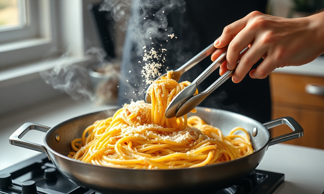 O momento crucial de misturar o parmesão à massa fora do fogo.