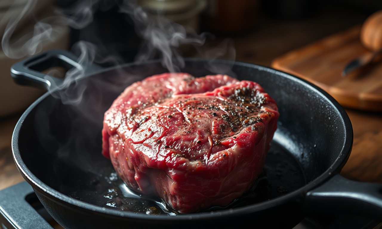 O momento crucial de selar a carne na frigideira de ferro fundido.